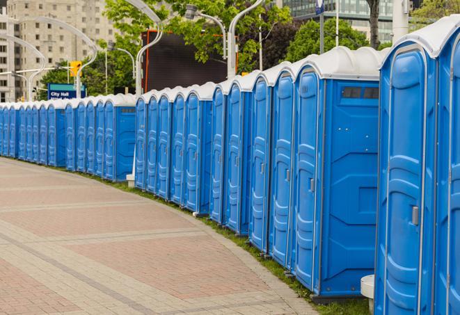 a line of portable restrooms set up for a wedding or special event, ensuring guests have access to comfortable and clean facilities throughout the duration of the celebration in Fulton MD